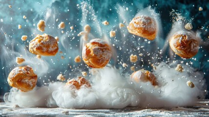 Poster - A dynamic shot of exploding pastries creating a dramatic, cloud-like effect.