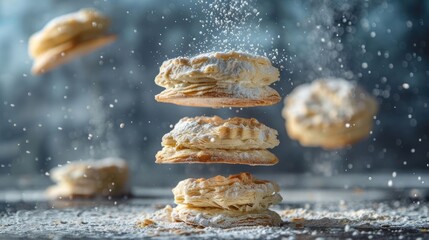 Poster - Flaky pastries levitate with powdered sugar, creating a whimsical food photography scene.