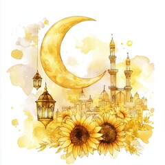 Wall Mural - Watercolor Painting of Sunflowers Crescent Moon and Mosque at Night