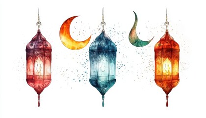 Aufkleber - Watercolor Painting of Three Hanging Lanterns with Crescents, Festive Islamic Decoration