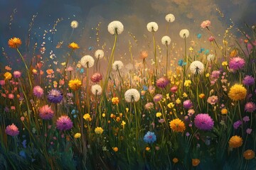 Wall Mural - A field of colorful dandelion puffs, vibrant and playful in the warm glow of sunset.