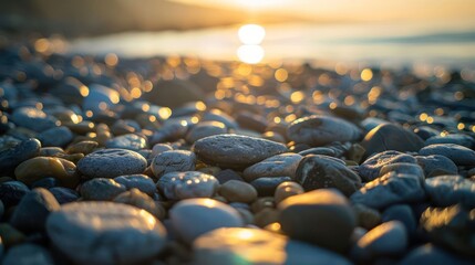 Poster - A close-up view of smooth pebbles on a beach during sunset, creating a tranquil atmosphere.