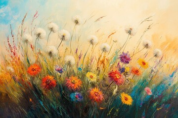 Wall Mural - A field of colorful dandelion puffs, vibrant and playful in the warm glow of sunset.