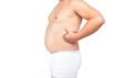 © Dimid - A fat man in white underwear shows fat deposits in the abdomen and thighs. The concept of not proper nutrition, sedentary lifestyle. Overweight treatment.