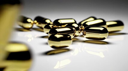 Poster - Medical golden capsules rolling and bouncing on reflective white surface, creating dynamic slow motion visual sequence highlighting pharmaceutical innovation and design precision