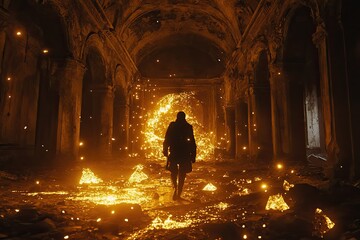 Wall Mural - A man walks through dark, ruined structures, with glowing golden crystals scattered on the ground