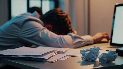 Poster - Professional businessman experiencing workplace stress and mental exhaustion. Resting weary head on cluttered desk with crumpled documents. Revealing overwhelming job pressure in slow motion sequence