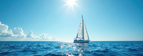 Wall Mural - gleaming white ship sails on tranquil blue sea under bright sun , sunlight, foam, vessel