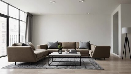 Poster - Modern living room interior design with a comfortable sofa, coffee table, floor lamp, and large windows offering city views, presented in a slow motion sequence