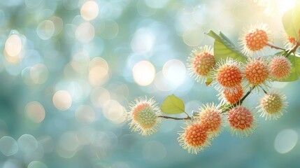 Aufkleber - A close-up of vibrant, spiky fruits on a branch against a soft, blurred background.