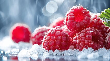 Poster - Fresh raspberries on a snowy surface with a blurred background.