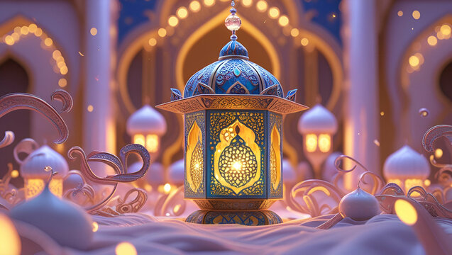 celebration of ramadan, islamic eid mubarak and eid al adha lantern in a light background, selective focus
