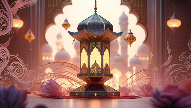 celebration of ramadan, islamic eid mubarak and eid al adha lantern in a light background, selective focus
