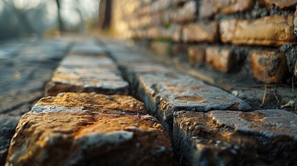Poster - Close-up view of weathered bricks along a pathway, illuminated by soft sunlight.