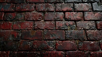 Poster - A close-up view of a weathered red brick wall with water droplets and texture details.