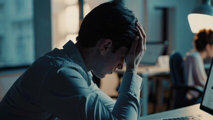 Poster - Stressed professional experiencing burnout, gripping head while sitting at desk in dimly lit office environment, revealing mental health challenges of modern workplace