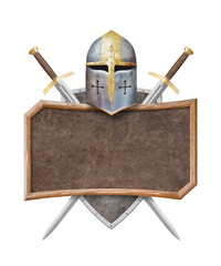 Wall Mural - wooden frame with knight's helmet and two swords isolated on white