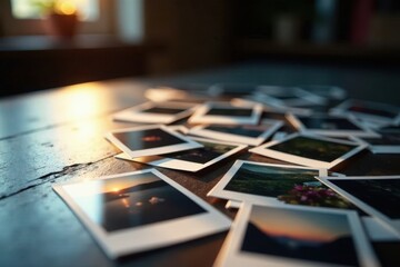 Wall Mural - Scattered Polaroid frames on darkroom table, soft light, object, texture, old