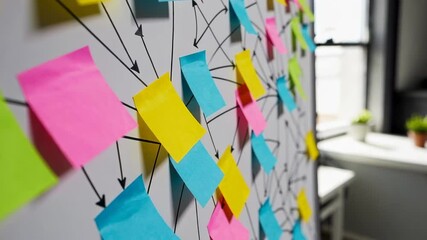 Poster - Colorful sticky notes attached to a whiteboard with arrows connecting them, symbolizing a business strategy or project development in slow motion