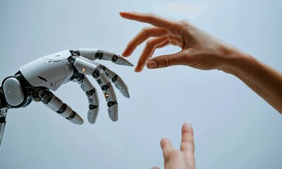 Poster - Human and Robotic Hands Reaching, Light Gray Background