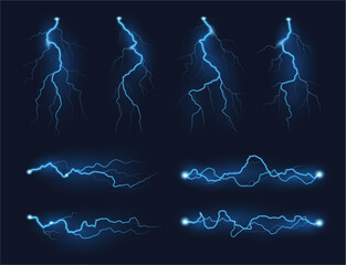 Poster - Thunderstorm bolts and lightning energy discharge. Vector realistic isolated set of bolts for bad weather landscape. Night time flare in sky, strike or storm decoration, dangerous high voltage