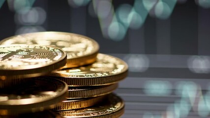 Poster - Cryptocurrency coins carefully stacking while financial market graph displaying dynamic trading trends, highlighting investment potential and digital economic growth
