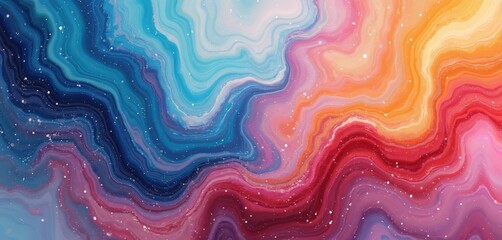 Aufkleber - Trendy holographic marble texture illustration featuring grunge effect. Image presents liquid color waves, swirls in blue, pink, orange color scheme. Abstract three-dimensional light paint art