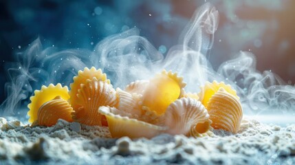 Poster - A close-up of pasta shells surrounded by flour, with steam creating a warm atmosphere.