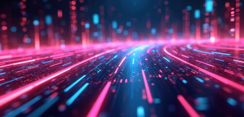 Poster - Illustration of abstract futuristic background with pink, blue glowing neon moving high speed wave lines, bokeh lights. Data transfer concept wallpaper, generative Ai art, fantastic stylish design