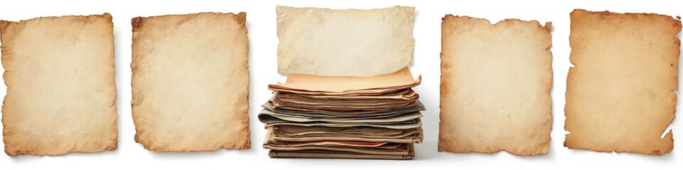 Poster - Illustration of retro stack of aged letter papers on white background. Old blank pages with grunge texture for vintage scrapbooking, collage and design. Antique empty notebook or book sheets.