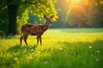 Wall Mural - Emerald meadow bathed in warm afternoon sun; graceful deer graze peacefully , warm light, summer, wildlife