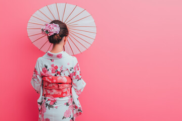 Wall Mural - A Japanese woman wearing a floral kimono and holding a traditional paper umbrella, isolated on a solid color background