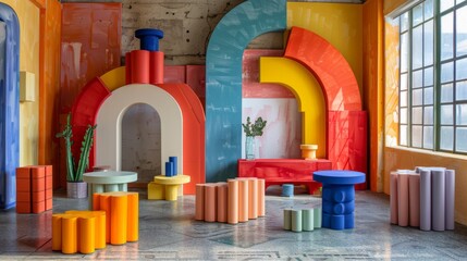 Poster - Vividly hued furniture and bold geometric shapes create an artistic atmosphere in a contemporary interior space, enhancing the location's unique architectural features.