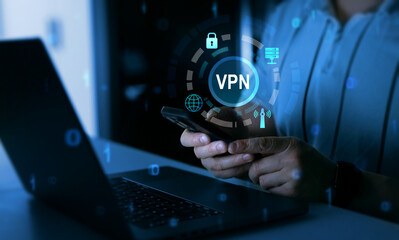 Poster - VPN(Virtual Private Network) secure connection.Remote server private internet network to protect privacy personal data.Digital connection between computer and a remote server owned VPN provider.	