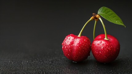 Poster - Two vibrant cherries with droplets on a dark surface, showcasing freshness and appeal.