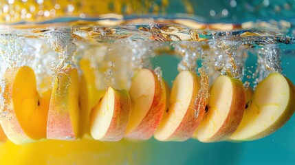 Poster - Slices of apple submerged in water, creating bubbles and a vibrant background.
