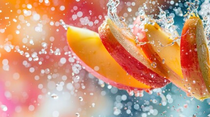 Poster - Juicy apple slices splashing in water, showcasing freshness and vitality.