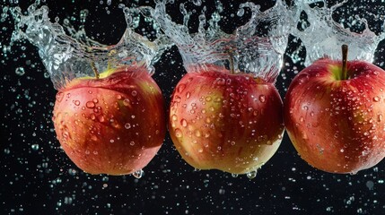 Poster - Three apples splashing into water, showcasing freshness and vitality.