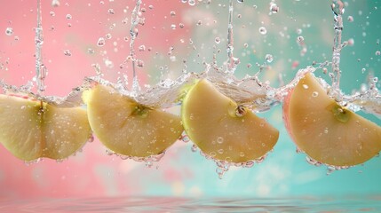 Poster - Slices of apples splashing into water, creating a vibrant and refreshing scene.