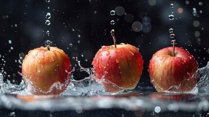 Poster - Three apples splash in water with droplets, showcasing freshness and vitality.
