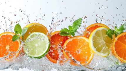 Poster - Fresh citrus fruits splashing in water, showcasing vibrant colors and refreshing appeal.