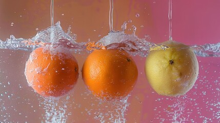 Poster - Three fruits splashing into water, creating dynamic bubbles and vibrant colors.