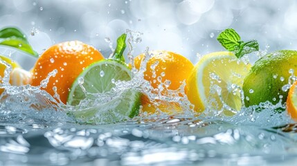 Poster - A vibrant display of citrus fruits splashing in water, highlighting freshness and vitality.