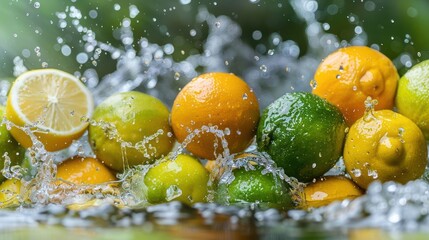 Poster - Fresh lemons and limes splashing in water, showcasing vibrant colors and freshness.