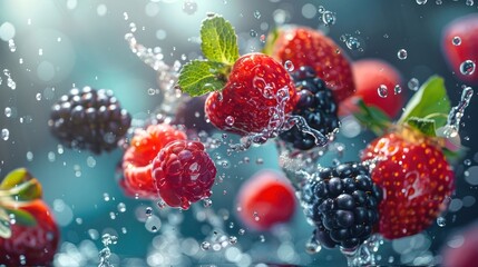 Poster - Fresh berries splashing in water, showcasing vibrant colors and textures.