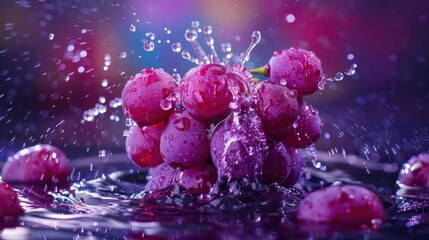 Poster - A vibrant cluster of grapes splashing in water, showcasing freshness and vitality.