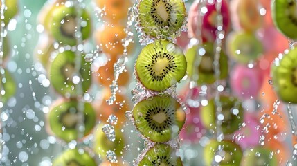Poster - Slices of kiwi suspended in water droplets, creating a refreshing and vibrant visual effect.