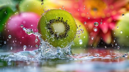 Poster - A kiwi slice splashes into water, surrounded by colorful fruits, highlighting freshness.