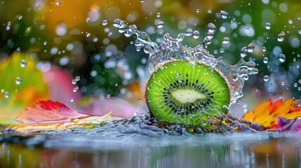 Poster - A kiwi slice splashes in water surrounded by autumn leaves, showcasing freshness and nature.