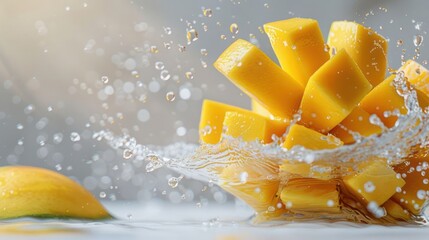 Poster - Fresh mango pieces splash into water, creating a vibrant and refreshing scene.